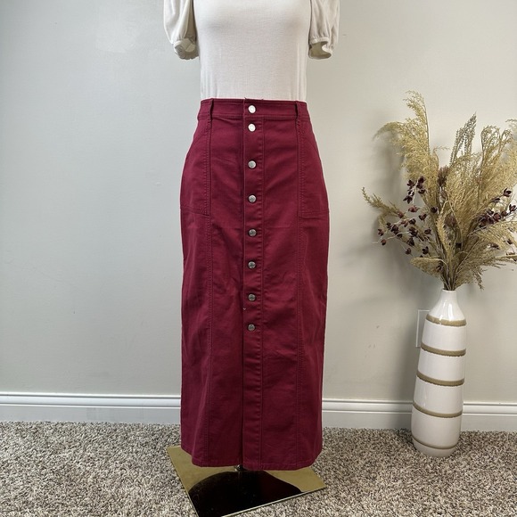 Loft Twill Button Down Pocket Midi Skirt- Dark Berry Red - Size 8 (NWT) - Picture 1 of 9